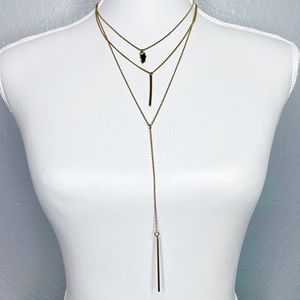 Boho Layered Lariat Necklace with Bar Pendants and Small Black Horn Charm